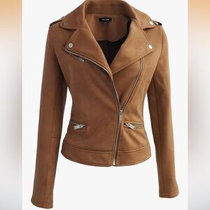 Faux Suede Moto Jacket - Brown